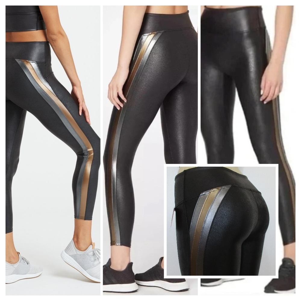 SPANX Black Faux Leather Leggings Medium 7/8 Track Stripe Metallic New 5019R